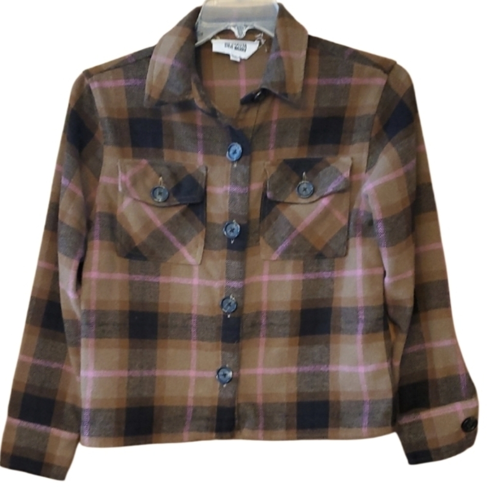 BB Dakota By Steve Madden NWOT Soft Flannel Crop Shacket In Pink & Brown Size XS